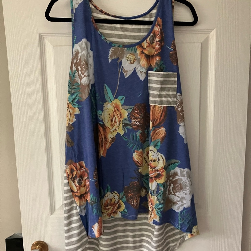 Floral Sleeveless Top - Blue and Brown